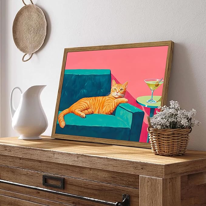 Funny Cat Wall Art Orange Cat With Martini Wall Decor Painting Whimsical Animal Cocktail Bar Cart Poster Canvas Prints Quirky Pet Lover Picture for Bedroom Living Room Wood Framed 16x24 inch