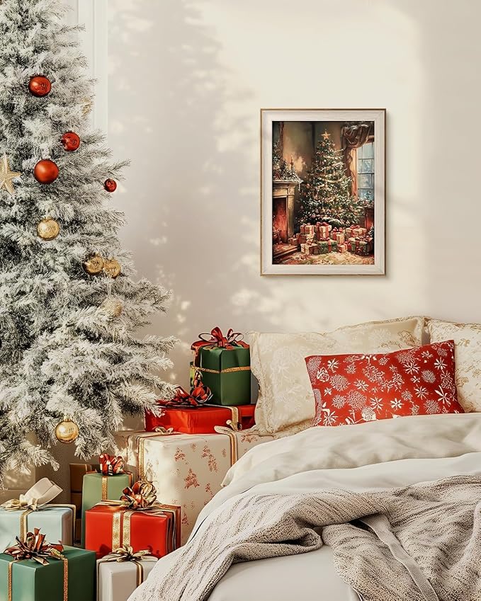 VIYYIEA Winter Framed Wall Art for Living Room, Christmas Tree Canvas Prints, Oil Painting Home Decor, Christmas Picture, Bathroom Wall Decor Gifts for Friends or Family - 16L x 12W