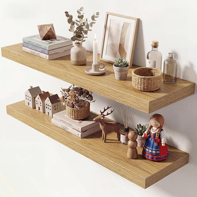 Dreamland 40 Inches Floating Shelves for Wall, 9.3" Deep Long Floating Shelves Set of 2, Large Display & Storage Shelf, Wall Shelf for Bathroom Bedroom Living Room Kitchen Office, Oak
