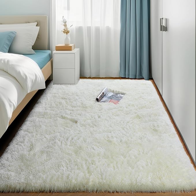 Amdrebio Ivory Area Rugs for Living Room Bedroom, 8x10 Big Large Soft Fluffy Neutral Carpet for Kids Room, Shaggy Thick Fuzzy Floor Rugs for Apartment Playroom Nursery Classroom, Furry Cream White Rug