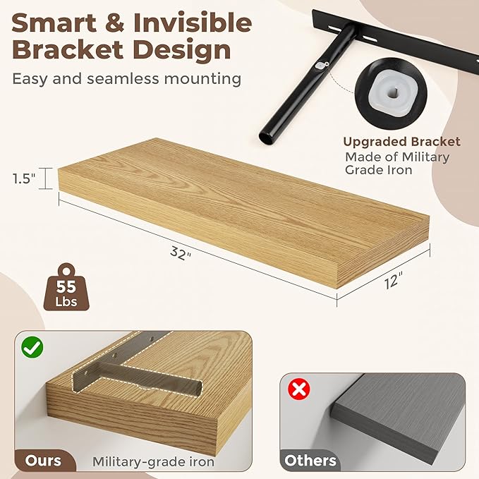Fun Memories 32 Inch Oak Floating Shelves for Wall, 12 Inch Deep Shelves for Bathroom|Kitchen|Bedroom, Wall Mounted Rustic Wood Floating Shelf with Invisible Brackets for Books|Storage|Decor, 2 Pack
