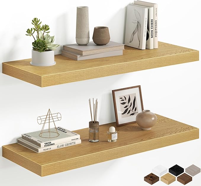 12 Inch Deep Floating Shelves, 32W x 12D Floating Shelf for Books, Rustic Wood Deep Wall Shelves for Home Storage & Display, 1.5" Thicked Shelves for Kitchen, Living Room, Bedroom, Oak, 2 Pack