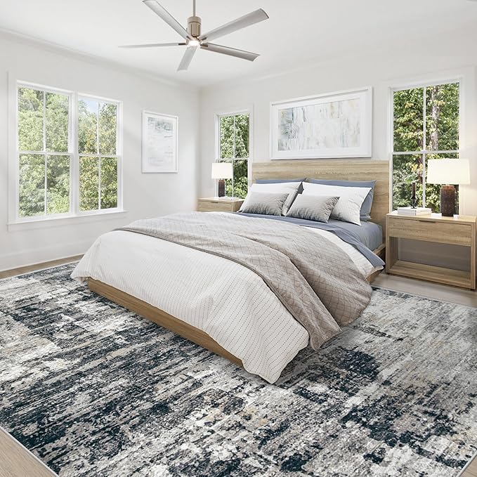 XLUEZ 9x12 Area Rug for Living Room, Washable Modern Abstract Large Area Rug Neutral Soft Non Slip Kids Rug Stain Resistant Indoor Carpet for Bedroom Dining Room Playroom Office(BlackGrey, 9'x12')