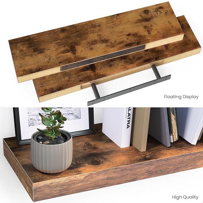 Ballucci Floating Shelves, 24" Wood Wall Shelf Set of 2, with Invisible Brackets for Bathroom, Living Room, Bedroom, Kitchen, Nursery, 6" Deep, Rustic Brown