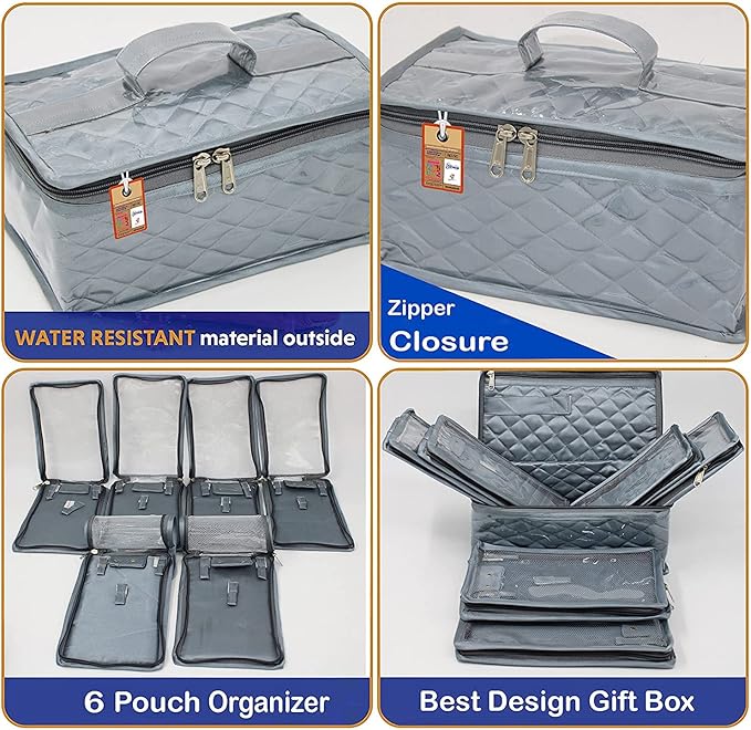 atorakushon Satin Makeup Kit Travel Jewelry Organizer Locker Box Pouch Clutch Bag for Necklaces Earrings Rings and Bracelets Grey Color