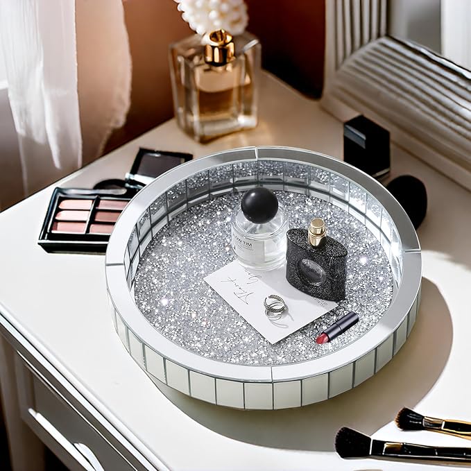 12” Rotating Perfume Organizer Tray,Mirror Glass Vanity Tray for Bedroom Dresser,Makeup Skincare Organizer for Bathroom,Crushed Diamond Home Decor
