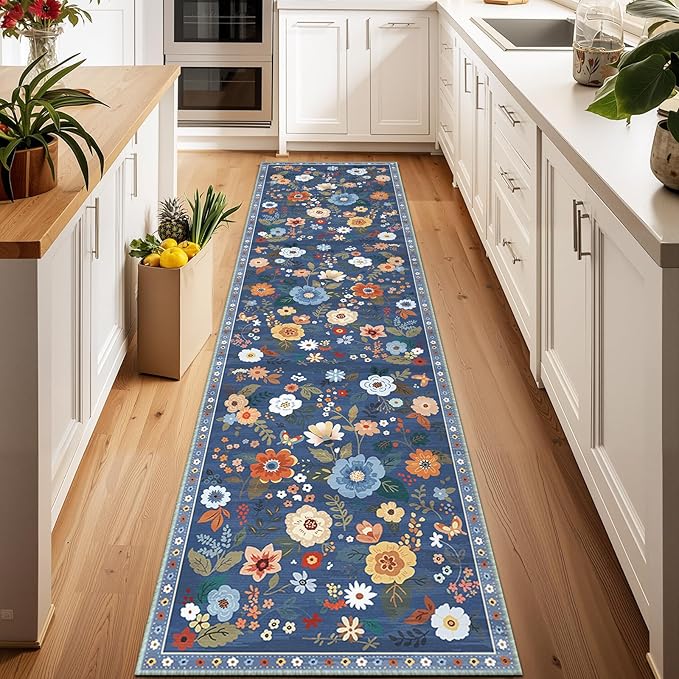 RELEANY Floral Nursery 2x8 Area Rugs Washable Print Boho Cute Carpet Non Slip Flower Low Pile for Living Room Kids Girls Playroom Bedroom Kitchen Office Farmhouse-Blue/Grey