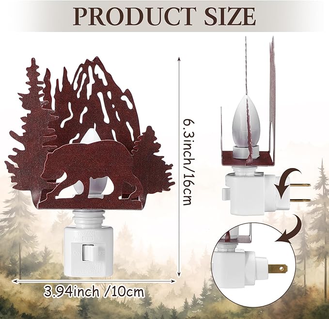 Tuanse Forest Bear Plug in Night Light Wilderness Farmhouse Bear Forest Mountain Night Light Decorative Vintage Cabin Metal LED Lamp Decor for Holiday Bedroom Living Room Bathroom Christmas Gift
