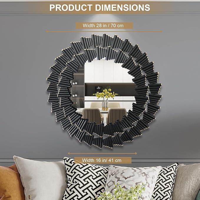 Wall Mirror Decorative, Black Mirrors for Wall Decor, Round Metal Wall Art Mirror, Large Wall Mirrors for Living Room,Bedroom, Bathroom, Entryway, 28 Inch