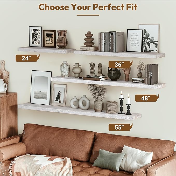Vivelove Solid Wood Floating Shelves Set of 2, Elm Wood Wall Shelf with Invisible Bracket for Living Room Bedroom Bathroom Office, Rustic Farmhouse Display Shelf, 36 inch - Weathered White