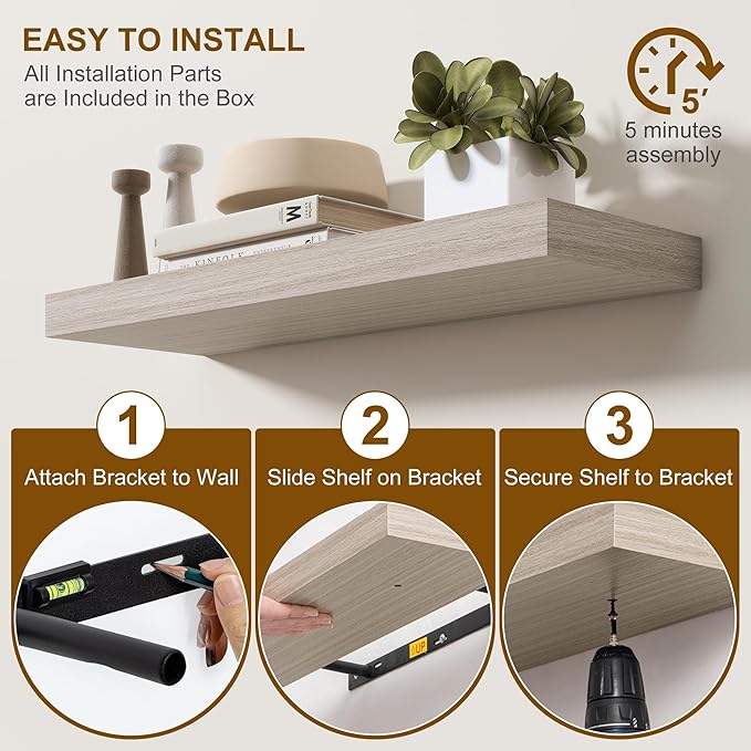 Fun Memories Floating Shelves for Wall, 48Inch Long Floating Shelves Set of 2, Hanging Shelf with Invisible Brackets, Wood Shelves for Living Room, Bedroom, Kitchen, Grey