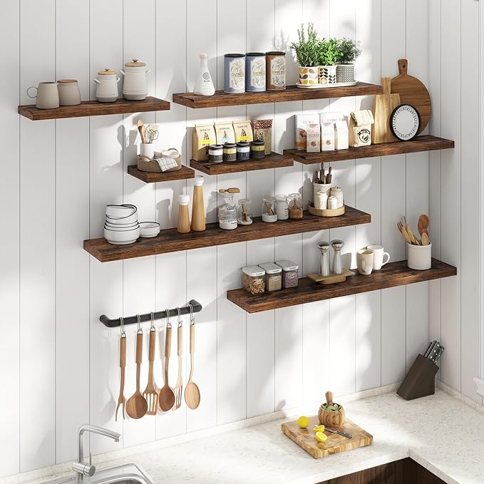 24 Inch Floating Shelves for Wall with Invisible Brackets Set of 2, 8"D Engineered Wood Wall Shelves with Wood Grain for Living Room, Bedroom, Bathroom, Kitchen Decor and Storage, Rustic Brown