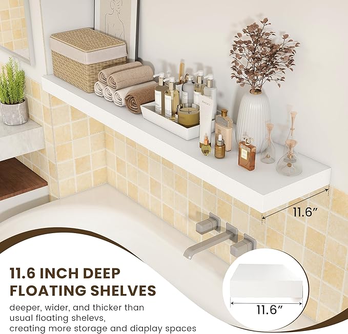 FLYJOE 12 Inch Deep Floating Shelves | 55 Inch White Floating Shelves | 55" W x 12" D Rustic Wood Shelves for Wall | Deep White Shelves for Living Room Bathroom Laundry Room Kitchen