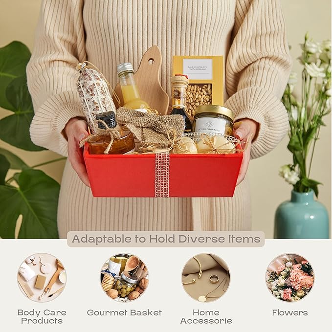 Pack of 5 Empty Baskets for Gifts - Gift Baskets Empty to Fill Ideal for Christmas Gifts and Valentines Presents | 9" x 6.69" x 3.14" Red Linen