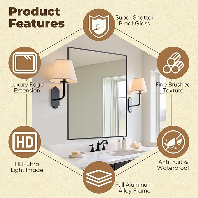 Antok 40x32 Black Metal Framed Bathroom Mirror, Wall Mirror with Rect Corners, Vanity Mirror for Over Sink, Anti-Rust Tempered Glass, Horizontal/Vertical Hanging for Bathroom, Living Room, Entryway