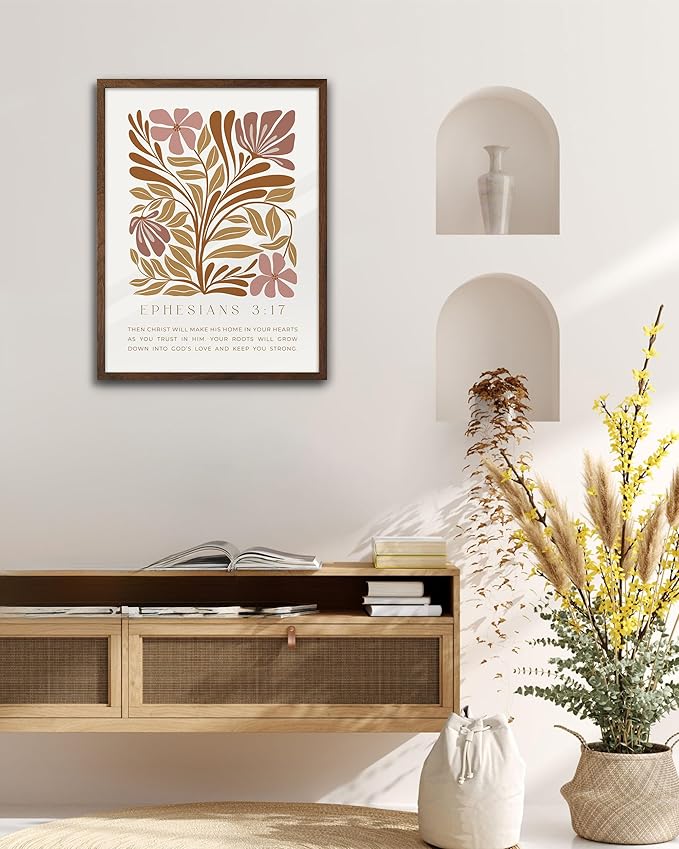 EcoHest Bible Verse Floral Framed Wall Art, 12x16 in Walnut Color OAK Wood Abstract Flowers Canvas Wall Art, Ephesians 3:17 Home Decor, Beige Logs Boho Christ Set of 1 for Bedroom Living Room