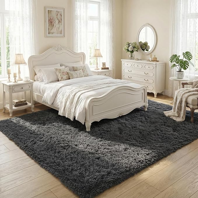 Large Area Rugs for Living Room, 7x10 Soft Fluffy Shaggy Rug, Machine Washable Non-Slip Plush Fuzzy Indoor Carpet, Aesthetic Home Decor for Bedroom,Kids Room,Nursery,Dorm, Smoky Gray