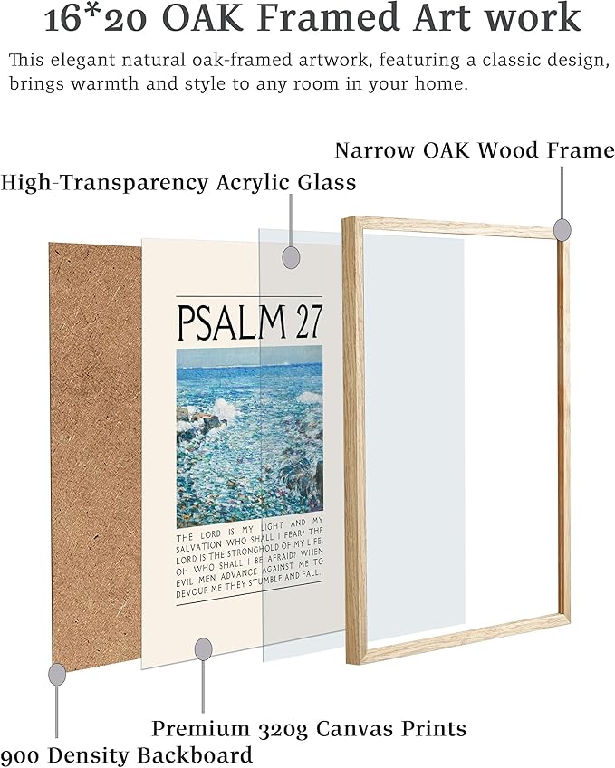 EcoHest Large 16x20in OAK Wood Framed Wall Art, Psalm 27 Bible Verse Christian Canvas Wall Decor, Modern Jesus Wall Prints for Bedroom, Living Room, Bathroom, Religious Gift, 1 Pack