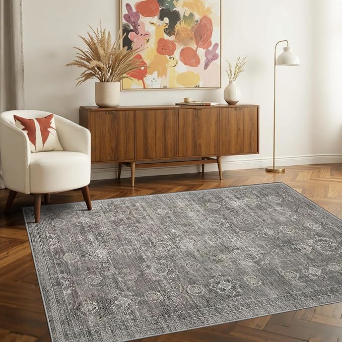 Rugxara 3x5 Rug for Entryway Bedroom, Grey 3x5 Washable Area Rug, Vintage Retro Boho Throw Rug, Non Slip & Low Pile Small Carpet for Indoor Kitchen, Bedside, Living Room, Bathroom and Dining