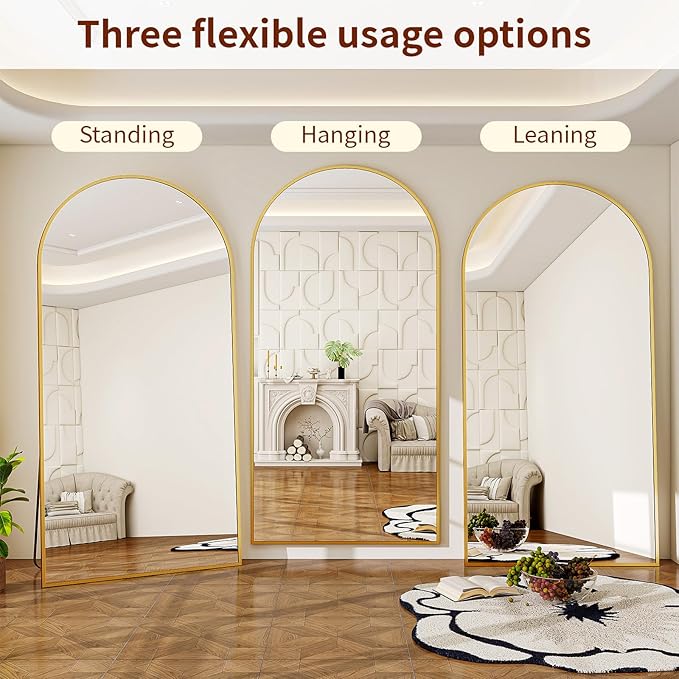 71" x 30" Arch Full Length Mirror - Floor Full Body Mirror with Aluminum Frame - Standing, Leaning or Hanging, for Bedroom, Living Room, Gold