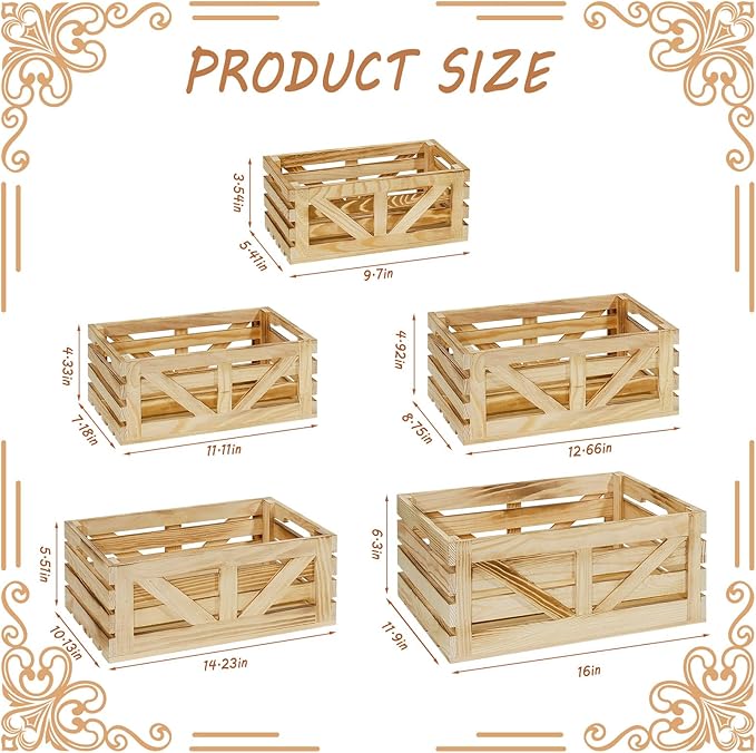 Wooden Crates for Display 5 Pack Wood Storage Crate for Home Rustic Nested Crates with Handles, Farmhouse Wooden Basket for Storage Container and Decorations XL