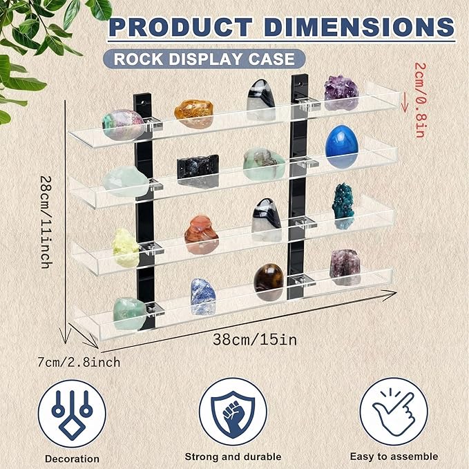 Novabright 4 Layer Rock Display Shelves Clear Acrylic Floating Shelves Wall Organizer for Stone Collection 15" Rock Display Stand for Stone Minerals Gemstones Crafts Figure Perfume for Living Room