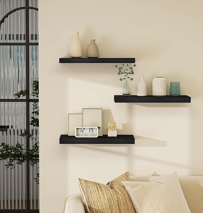 Vervida® Home Decor Floating Shelves for Wall 3 Pack 17" W x 6.8" D Black Shelves for Bedroom, Living Room, Kitchen, Bathroom Decor Hanging Shelves for Wall Storage Shelf