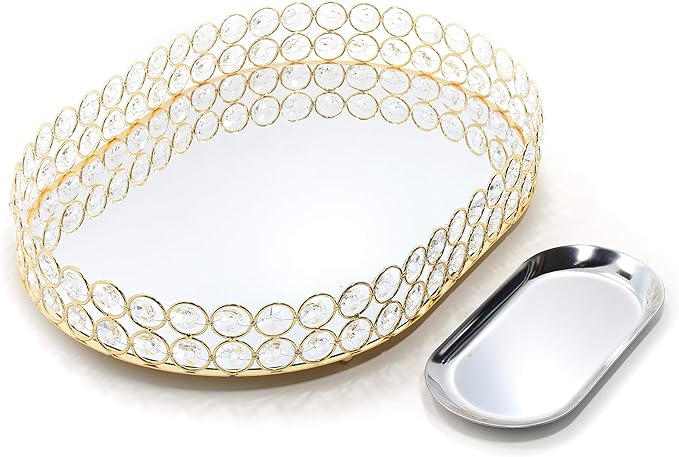 Crystal Vanity Tray Decorative Mirrored Dresser Perfume Trays for Makeup Cosmetic Storage Jewelry Trinket Storage Organizer for Bathroom Countertop Home Décor (Oval, 14x10in, Gold)