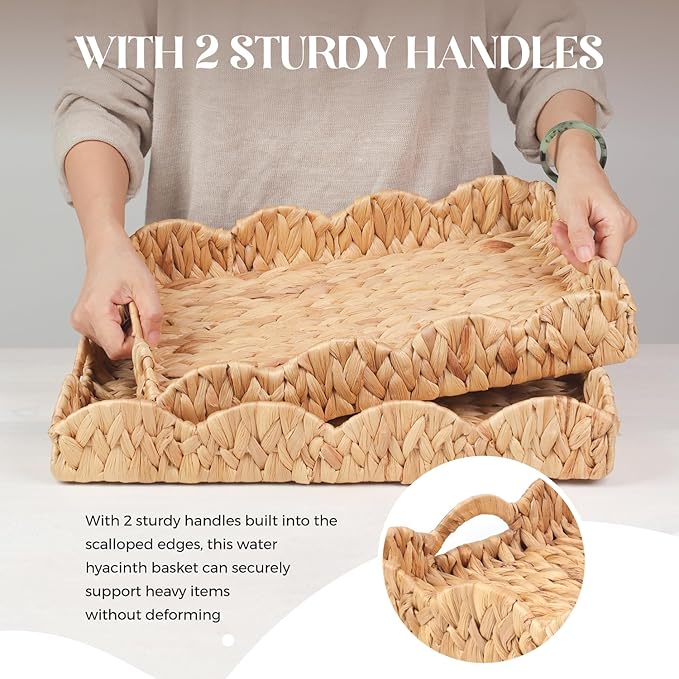 Scalloped Water Hyacinth Tray, Hand-Woven Wicker Storage Baskets with Scalloped Edge and Handles (17x13x3 inch) Rectangular Handwoven Trays, Water Hyacinth Basket, 2 Pack (Light Brown)