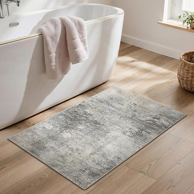 GENIMO 2x3 Rugs for Entryway Entrance, Modern Machine Washable Rug Ultra Soft Indoor Area Rugs 2x3 for Bedroom Kitchen Bathroom, Lightweight Low Pile Carpet with Non Slip Backing, Mist Grey