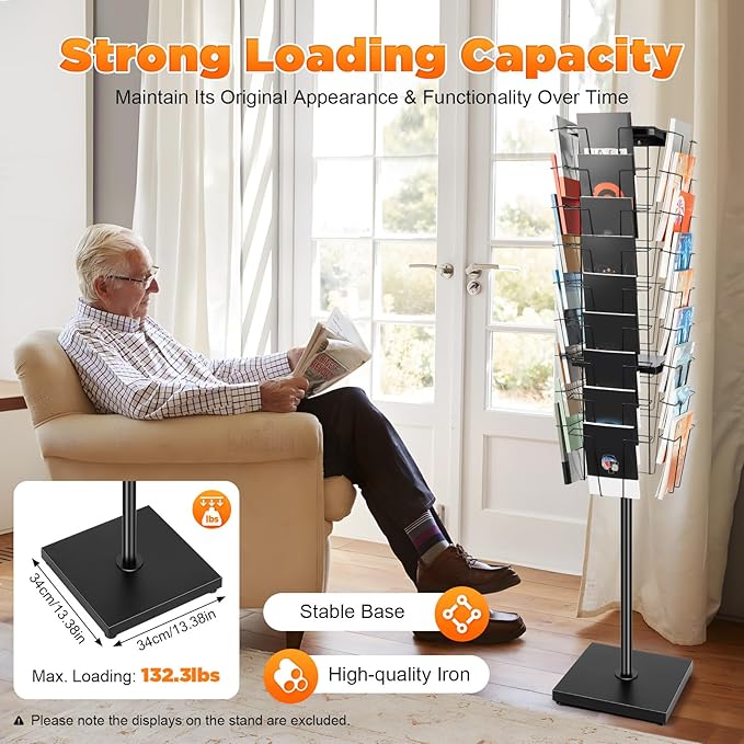 360°Rotating Shelf, 36 Pockets Metal Rotated Organizer Stand Magazine Rack 36 Pocket Rotating Magazine Rack 132.3lbs Load Capacity for Display In Offices, Audiovisual Stores, schools