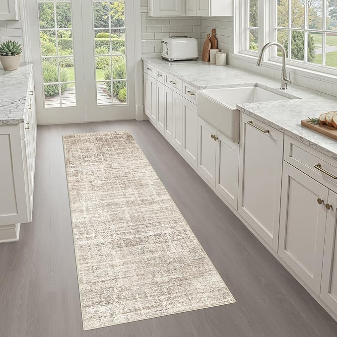 Runner Rug Non-Slip Kitchen Rug: 3x8 Washable Abstract Modern Soft Stain Resistant Indoor Floor Neutral Accent Throw Carpet for Hallway Bathroom Laundry Room Bedroom Entryway- Brown