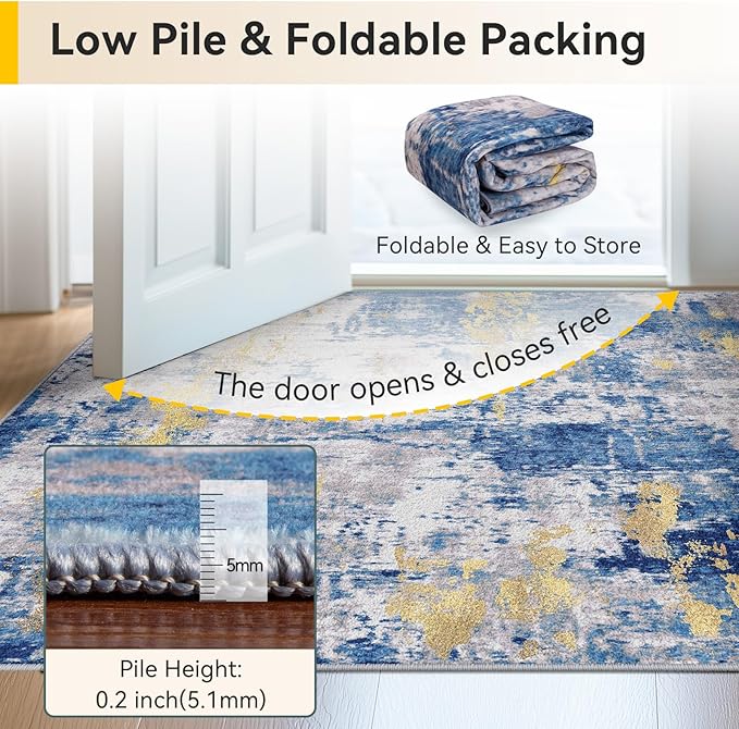 RELEANY Washable Area Rugs 2'x3' Non-Slip Modern Abstract Soft for Living Room Entryway Bedroom Nursery, Print Pattern, Grey Blue Gold/Golden