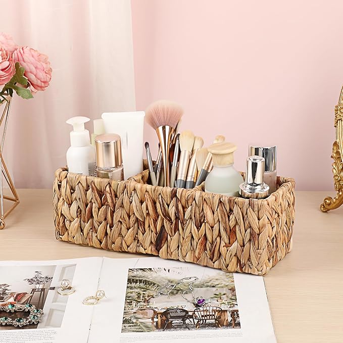 BTSKY Handwoven Remote Control Holder for Table, Natural Water Hyacinth Remote Control Caddy Small Wicker Storage Basket, 3-Compartment Office Supplies Desk Organizer Rustic Makeup Brushes Holder