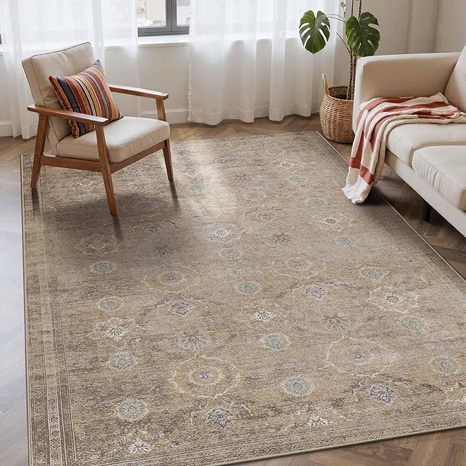 Rugxara 4x6 Rug for Living Room Bedroom, Beige Washable Throw Rugs, Vintage Retro Boho Area Rugs, Non Slip & Low Pile Accent Throw Carpet for Indoor Dining Room, Kids Room and Office(Beige 4x6ft)