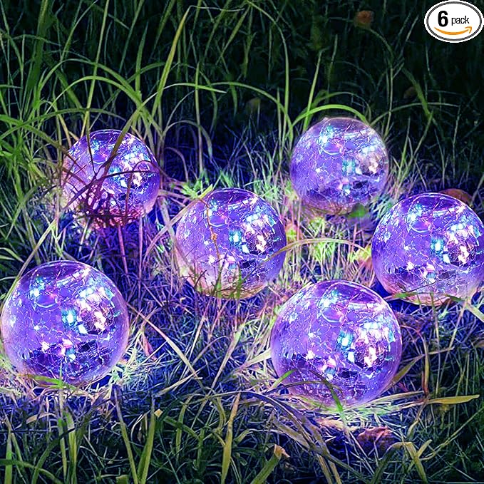 SyouHome Solar Garden Lights Outdoor Waterproof, 6 Pack Cracked Glass Ball Light, Ground Landscape Garden Decor, Solar Globe Decorative for Pathway/Patio/Lawn/Yard (Multicolor)
