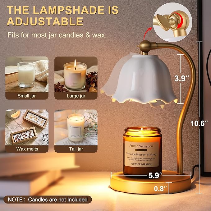 Candle Warmer Lamp with Timer Dimmer, Ceramic Candle Lamp Birthday Gifts for Women, Mom, House Warming Gifts Wax Melt Warmer for Jar Candles with 2 Bulbs, Gold