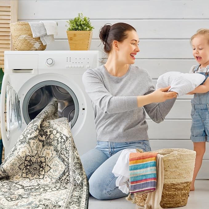 TOPRUUG Washable Area Rugs 8x10 - Large Rugs for Living Room Non-Slip Non-Shedding Thin Carpet for Bedroom Kitchen Stain and Water Resistant Indoor Carpets (Black/Grey, 8x10)