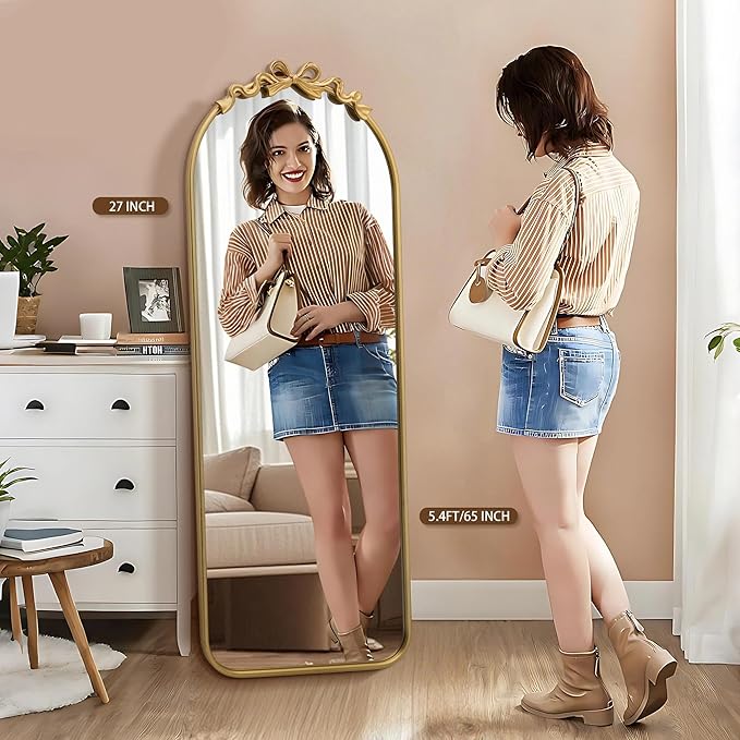 Besdomus Arched Mirror Full Length: 21"x56" Bow Gold Arch Floor Mirror - Antique Baroque Traditional Ornate Standing Mirror for Entryway/Cloakroom/Bedroom - Home Decor for Fashion-Conscious