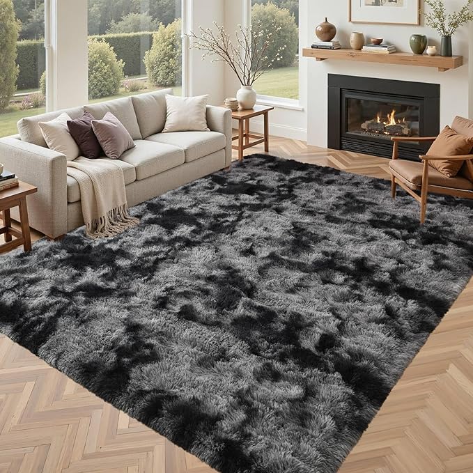 Black Grey Rugs for Bedroom Fluffy 4x6 Area Rug, Super Fuzzy Fur Living Room Carpet for Boys Dorm Office Nursery Modern Home Decor
