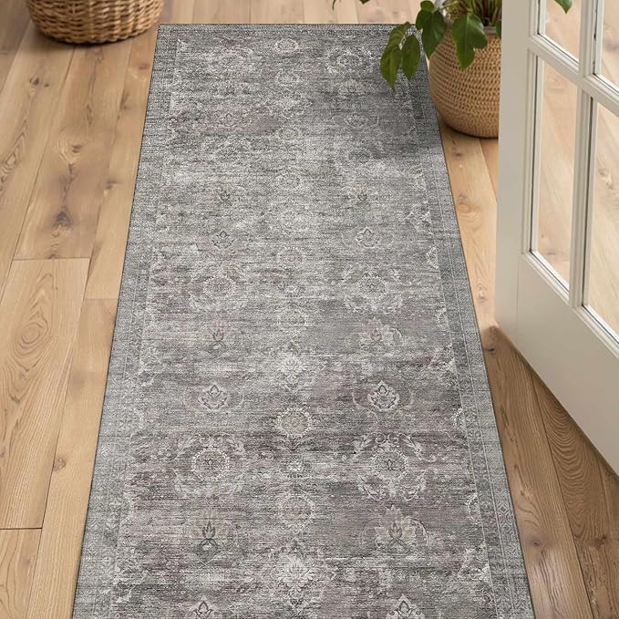 Rugxara 2x5 Runner Rug, Washable Kitchen Rugs, Grey Boho Vintage Floral Hallway Runner, Non Slip Low Pile Area Rug Carpet for Indoor Hallway, Kitchen, Laundry Room and Bathroom(Taupe/Grey 2x5ft)