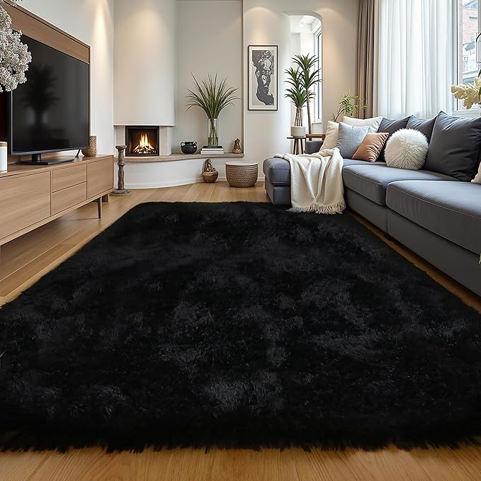 Black Fluffy 9x12 Large Area Rugs for Bedroom Living Room, Soft Washable Shag Carpet for Kids Room, Nursery, Dorm Decor, Colorful Cute Plush Fuzzy Rugs for Baby Toddler