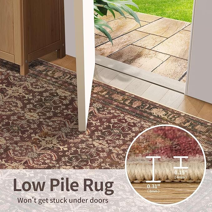 Rugxara Area Rugs for Living Room Bedroom, Washable Christmas Rug, Vintage Oriental Boho Rug, Non Slip & Low Pile Faux Wool Thin Accent Carpet for Indoor Dining Room, Kids Room and Office(Red 4x6ft)