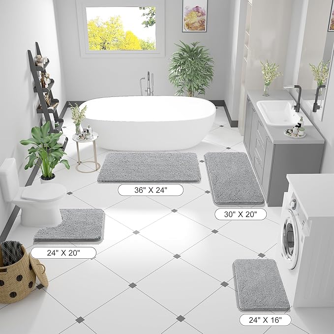 OLANLY Bathroom Runner Rugs 47x24, Soft Absorbent Chenille Bath Rugs, Rubber Backing Quick Dry, Machine Washable Long Bath Mats for Bathroom Floor, Tub and Shower, Home Decor Accessories, Light Grey