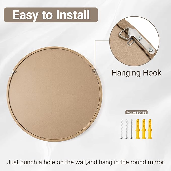 Brakki Round Wall Mirror with Wood Frame, 32 inch Circle Mirror for Bathroom Bedroom Entryway Vanity Living Room, HD Shatterproof Glass, Wall Mounted Decor, Hanging or Leaning, Walnut