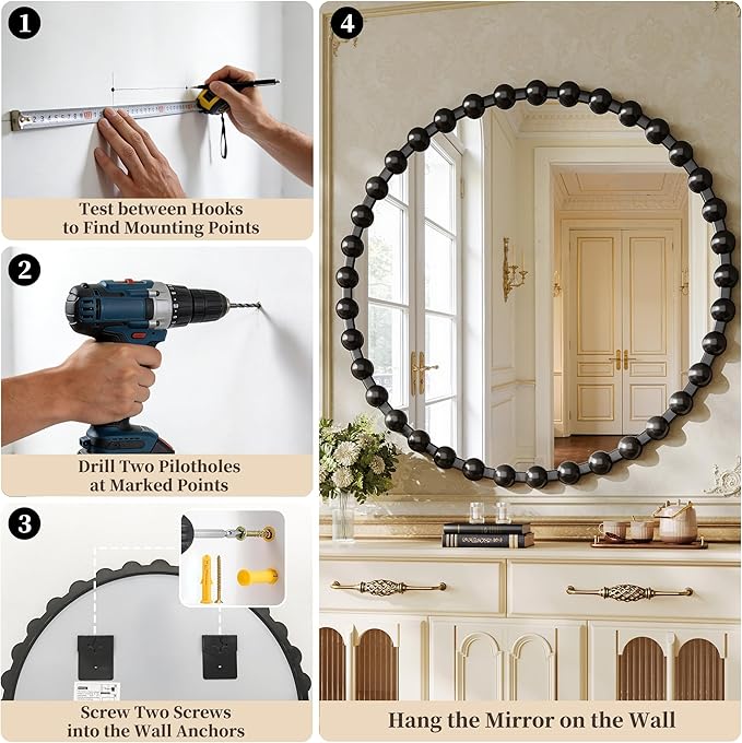 Round Vanity Mirror with Beaded Frame, 36 Inch Circle Wall Mirror for Bedroom Dresser, Entryway, Bathroom, Living Room, Decorative Hanging Wall Mirror, Black