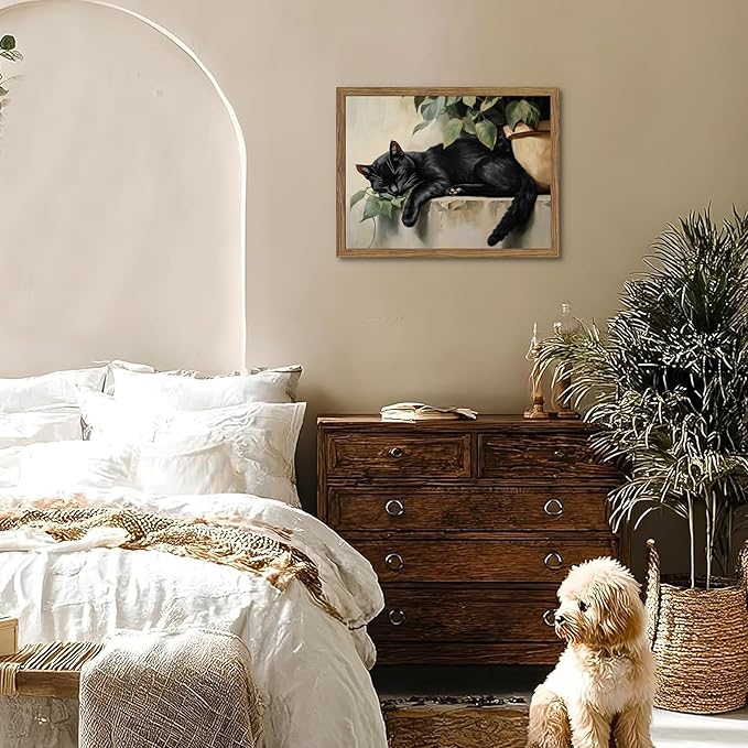 Framed Black Cat Wall Art, Vintage Sleeping Cat Picture Wall Decor, Cute Animal Poster Canvas Prints, Rustic Plant Paintings Artwork for Living room Bedroom Bathroom Decor – 12x16 inch