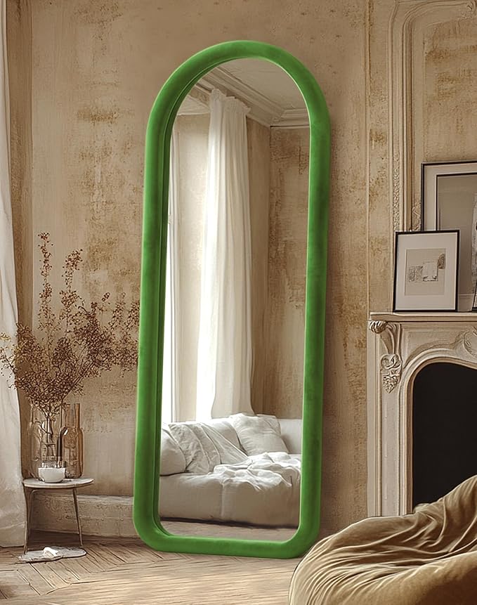 Delma Arched Full Length Mirror, Free Standing Floor Velvet Finish Frame Mirror for Leaning or Hanging, Soft Touch Bedroom & Living Room Decor,Green