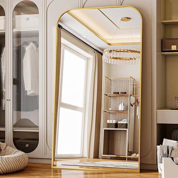 Full Length Mirror 81"x41" Arched Floor Standing Large Mirrors Full Body Mirror with Stand - with Aluminum Frame for Bedroom Living Room, Gold