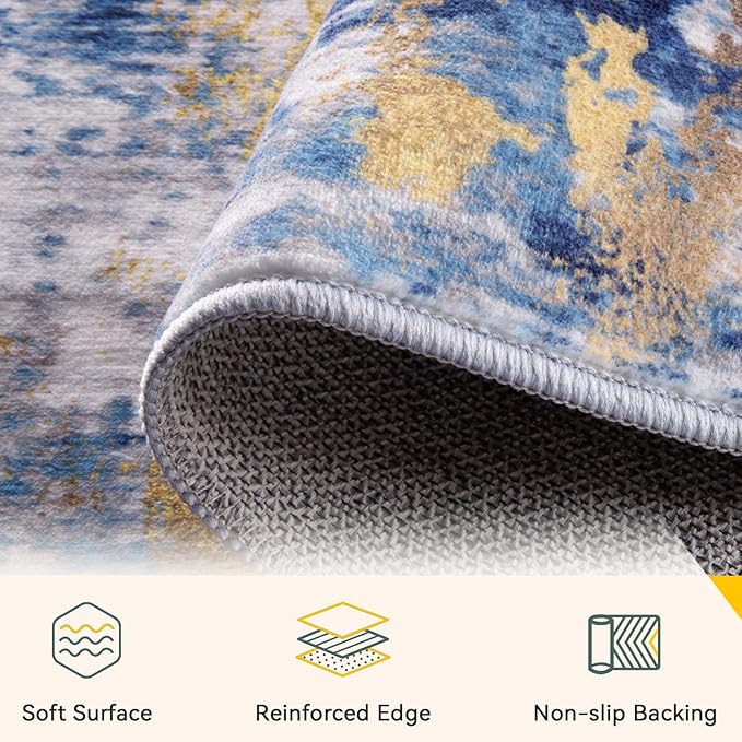 RELEANY Washable Area Rugs 2'x10' Non-Slip Modern Abstract Soft for Living Room Entryway Bedroom Nursery, Print Pattern, Grey Blue Gold/Golden